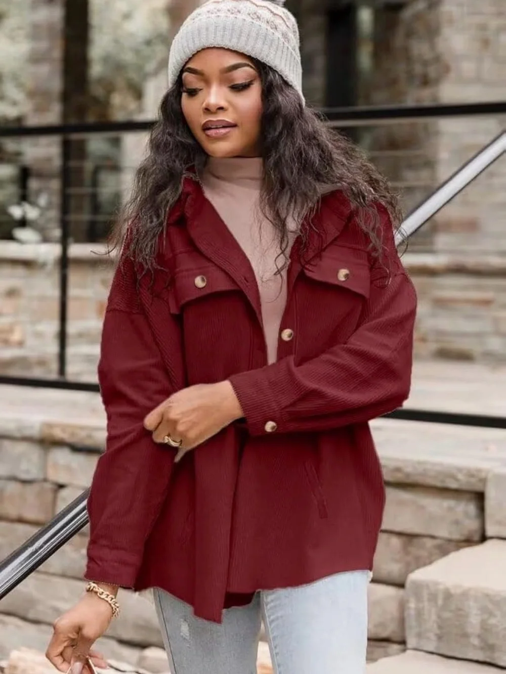 Women's Red Corduroy Button-Up Shacket Jacket w/ Pockets